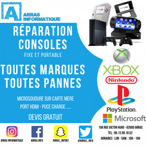 reparation de consoles de hjeux sur arras et à lens , béthune, bruay , douai
